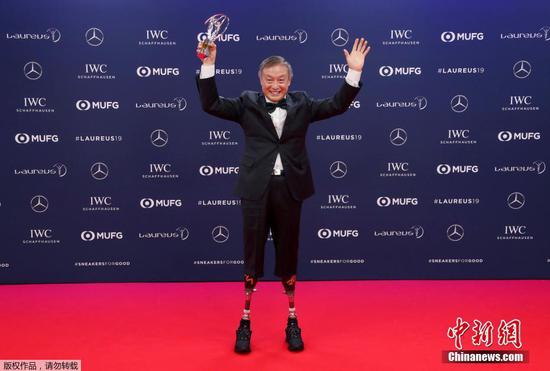 Chinese climber Xia Boyu poses as he celebrates winning the Sporting Moment of the Year award at Laureus World Sports Awards in Salle des Etoiles, Monaco, Feb. 18, 2019. (Photo/Agencies)