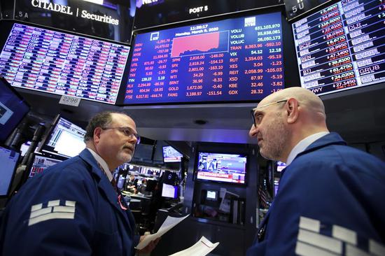 Traders work at New York Stock Exchange (NYSE) in New York, the United States, on March 9, 2020. (Xinhua/Wang Ying)