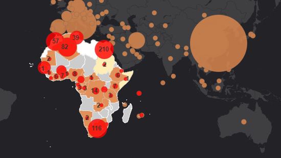 A picture of the map of Africa outlining some of the countries that have confirmed cases of Covid-19.(Photo/WHO)